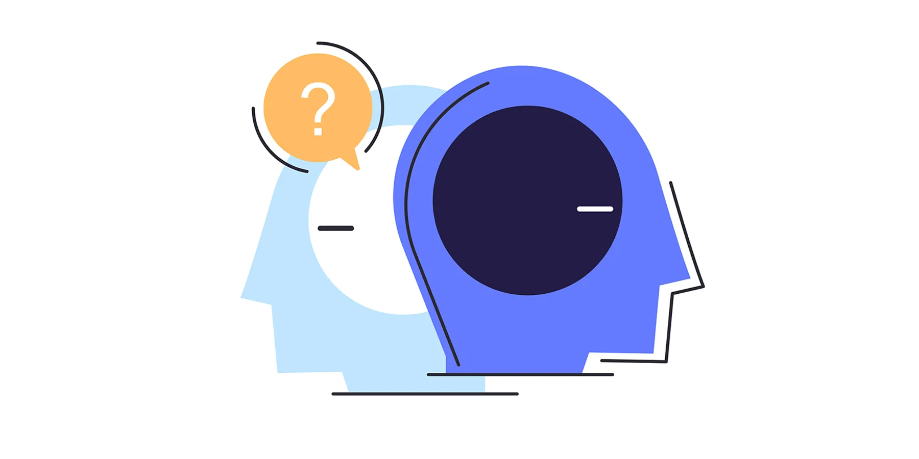 Illustration of two human profiles with circles in them representing their brains positioned back-to-back with a quote bubble with a question mark inside of it.