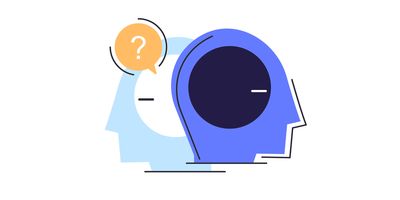 Illustration of two human profiles with circles in them representing their brains positioned back-to-back with a quote bubble with a question mark inside of it.