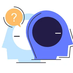 Illustration of two human profiles with circles in them representing their brains positioned back-to-back with a quote bubble with a question mark inside of it.