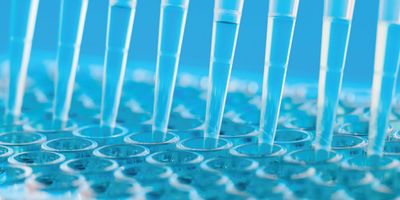 Photo of pipette tips in the clinical laboratory with a blue background.