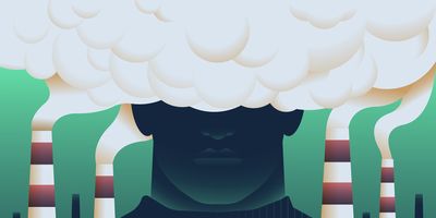 Illustration of a human face with smoke stacks releasing polluted air into the human face, representing air quality issues.