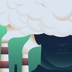 Illustration of a human face with smoke stacks releasing polluted air into the human face, representing air quality issues.