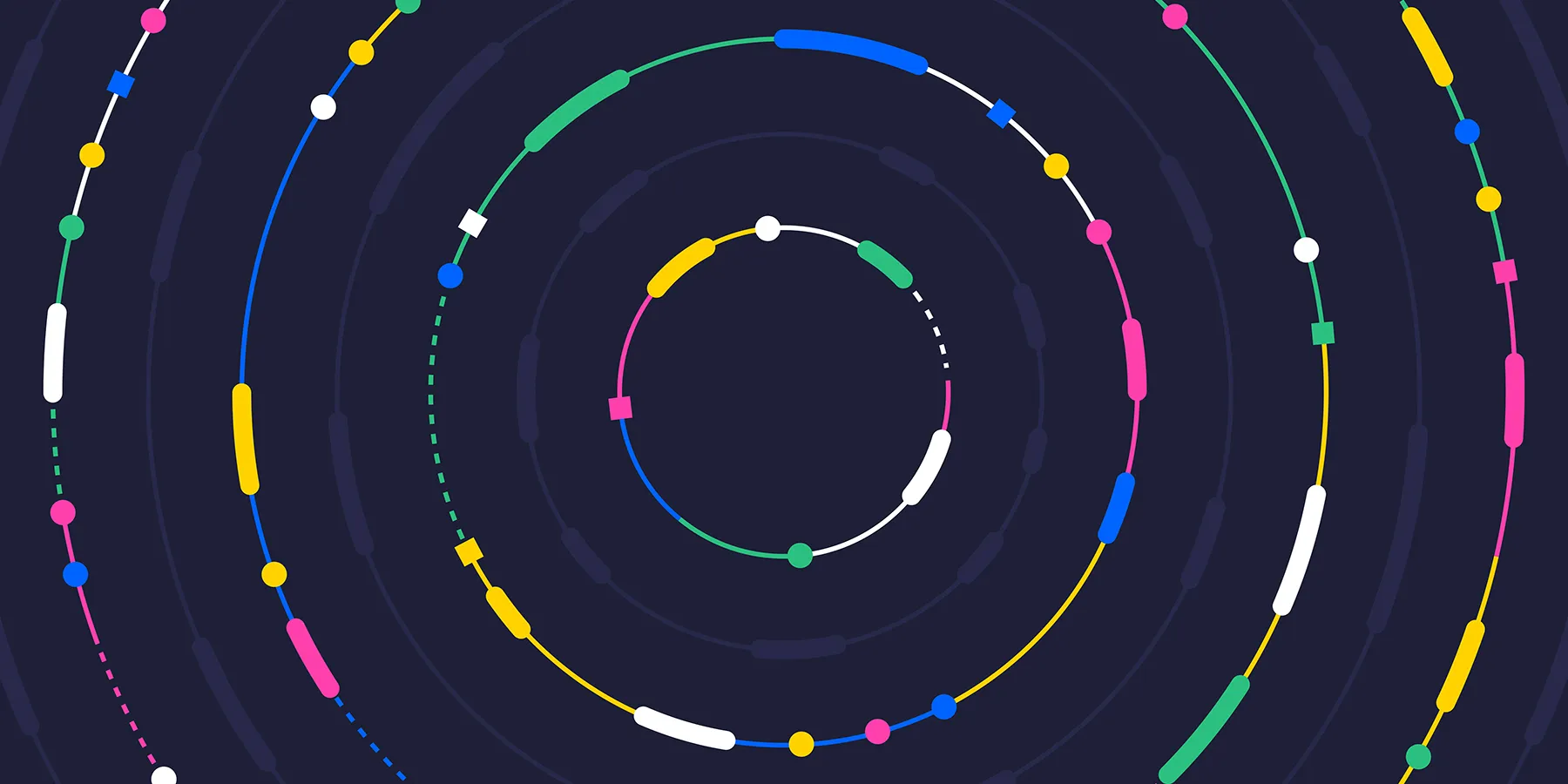  Illustration of abstract circles inside circles in different colors against a black background representing the concept of genomics networks.