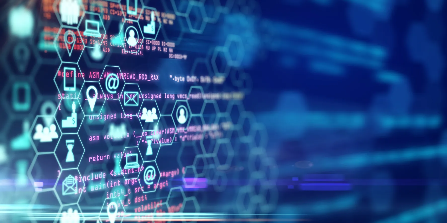 Illustration of a network of different health care and laboratory symbols against a blue background to represent data management and data analysis in clinical research.