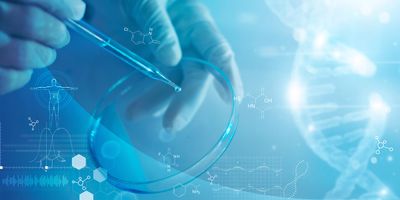Illustration and abstract photo of the gloved hands of a clinical researcher pipetting and culturing cells derived from patients to create patient-derived xenograft models.