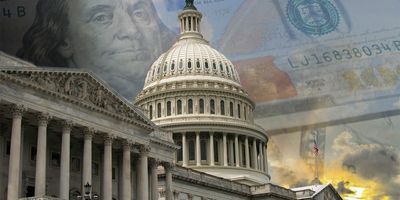 : Image of Congress with a backdrop of a hundred-dollar bill. PAMA cuts to clinical lab services were avoided by a recent vote in Congress.