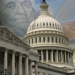 : Image of Congress with a backdrop of a hundred-dollar bill. PAMA cuts to clinical lab services were avoided by a recent vote in Congress.