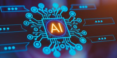 Illustration with the word “AI” inside a square with a network of circuits connected to it to represent the concept of artificial intelligence and digital technologies in the lab.