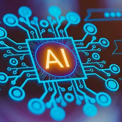 Illustration with the word “AI” inside a square with a network of circuits connected to it to represent the concept of artificial intelligence and digital technologies in the lab.