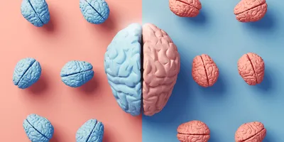 Illustration of a human brain with half pink and half blue with other brains around it on a blue background.