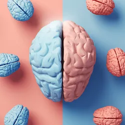 Illustration of a human brain with half pink and half blue with other brains around it on a blue background.
