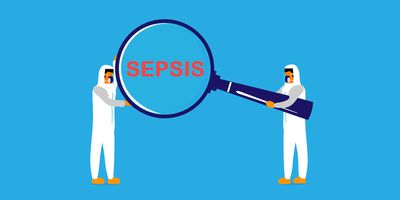 Illustration of two clinical lab professionals wearing white PPE holding a giant magnifying glass over the word "sepsis."