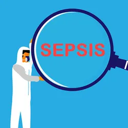 Illustration of two clinical lab professionals wearing white PPE holding a giant magnifying glass over the word "sepsis."