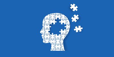 Illustration of white puzzle pieces arranged in the shape of a human head with pieces in the middle of the brain area missing and scattered across a blue background.