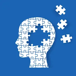 Illustration of white puzzle pieces arranged in the shape of a human head with pieces in the middle of the brain area missing and scattered across a blue background.