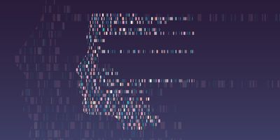 Illustration of multicolored DNA banding patterns formed into the shape of a human side profile against a purple background.