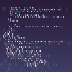 Illustration of multicolored DNA banding patterns formed into the shape of a human side profile against a purple background.