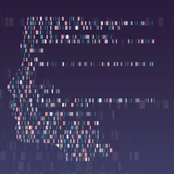 Illustration of multicolored DNA banding patterns formed into the shape of a human side profile against a purple background.