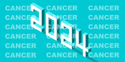 Illustration of the number “2024” in big bold white letters against a teal background with the word “cancer” repeated many times in faded white letters.