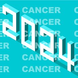 Illustration of the number “2024” in big bold white letters against a teal background with the word “cancer” repeated many times in faded white letters.