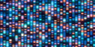 Illustration of hundreds of colorful DNA barcoding sequences lined up against a black background to represent genomic surveillance technology.