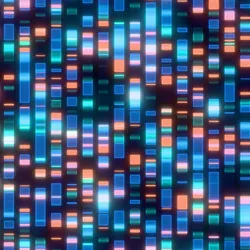 Illustration of hundreds of colorful DNA barcoding sequences lined up against a black background to represent genomic surveillance technology.