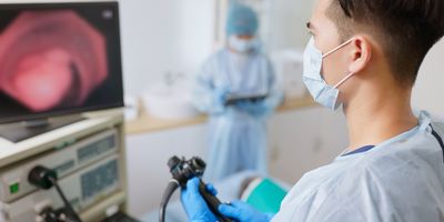 Photo of a clinician wearing PPE and conducting a colonoscopy for colon cancer screening in an emergency department patient.