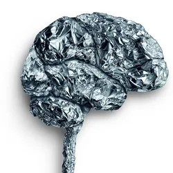Photo of a shape in the form of the human brain sculped from aluminum foil on a white background.
