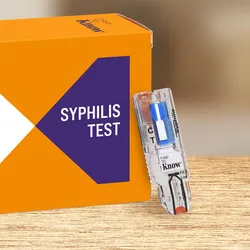 Photo of the First To Know® Syphilis Test with Box_Credit NOWDiagnostics