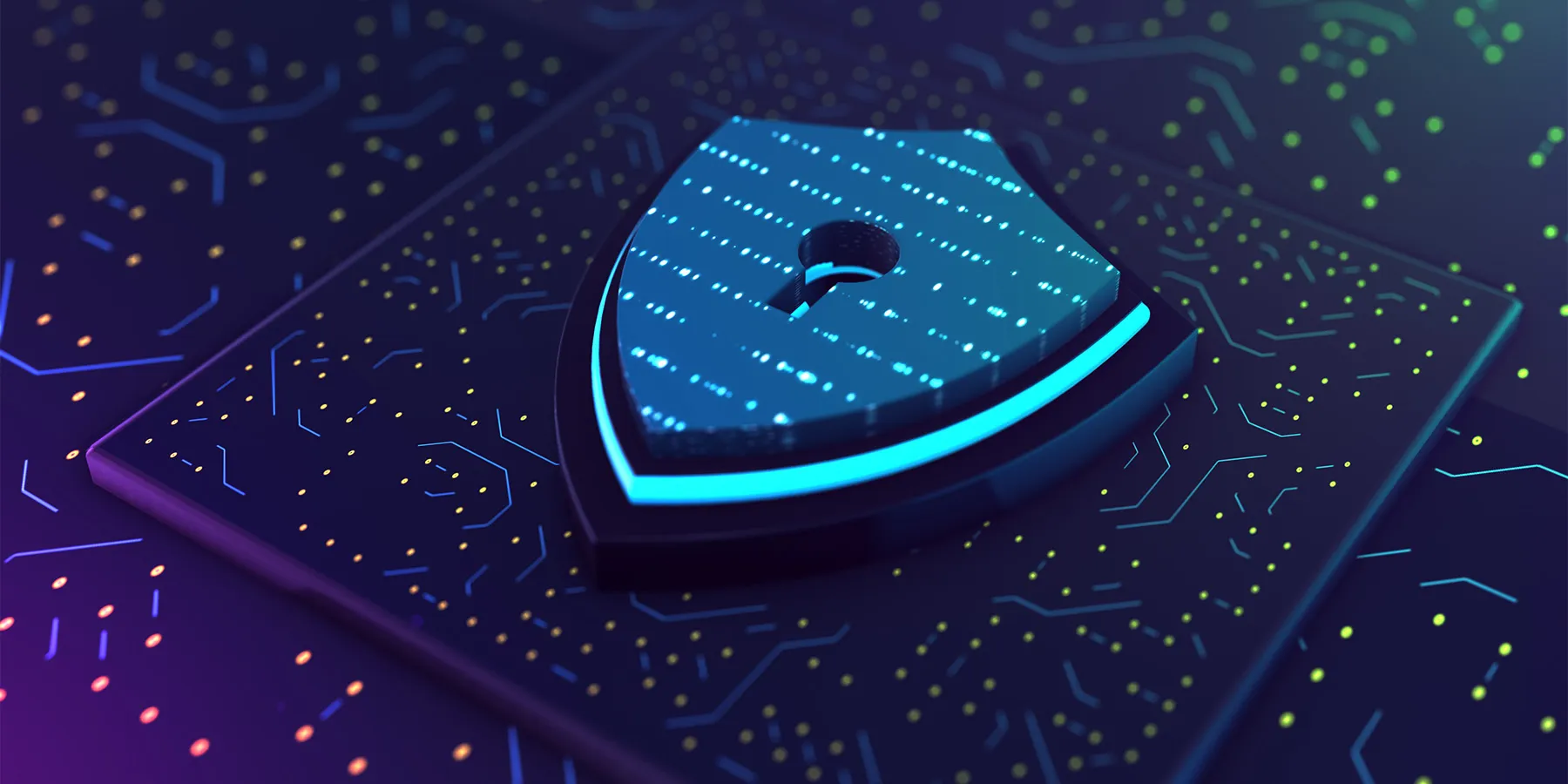 how-connectivity-is-shaping-the-future-of-laboratory-medicine Illustration of a 3D-rendering of a digital shield to protect data connectivity in the life sciences.