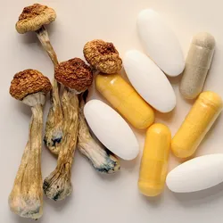 Photo of dried psilocybin mushrooms and psilocybin capsules and pills against a white background.