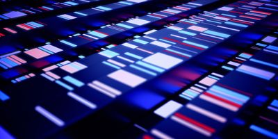 Abstract illustration showing colorful bars representing data from breast cancer testing organized into multiple rows against a dark background.