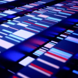 Abstract illustration showing colorful bars representing data from breast cancer testing organized into multiple rows against a dark background.