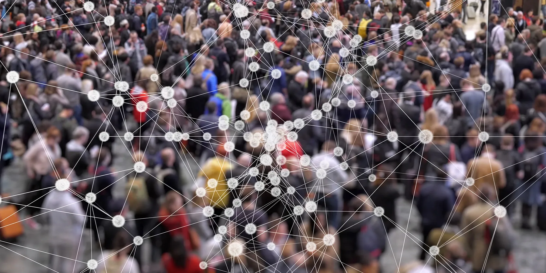 A photo of a crowd of people overlaid with a network of connecting lines to represent data analysis in human clinical research.