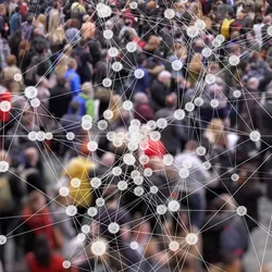 A photo of a crowd of people overlaid with a network of connecting lines to represent data analysis in human clinical research.