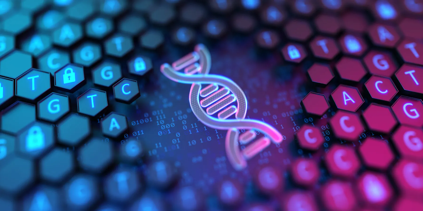  Illustration of a DNA double helix symbol in the middle of the image with many 3D hexagons with the sequencing letters ATGC representing the concept of genomics sequencing testing in a clinical laboratory.