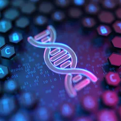 Illustration of a DNA double helix symbol in the middle of the image with many 3D hexagons with the sequencing letters ATGC representing the concept of genomics sequencing testing in a clinical laboratory.