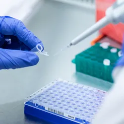 Photo of a clinical laboratory professional wearing PPE and holding a pipette inside of a biological safety cabinet testing for DNA and proteins.