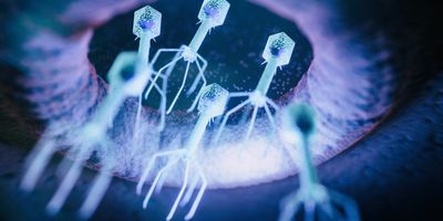 Illustration of individual bacteriophage particles entering and infecting a cell.