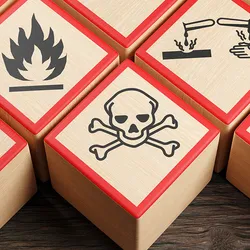 Photo of wooden blocks showing different symbols of chemical hazard warnings on wood table.