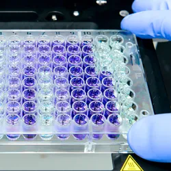 Photo of a clinical lab professional placing a chemiluminescence 96-well plate assay into an lab test analyzer.