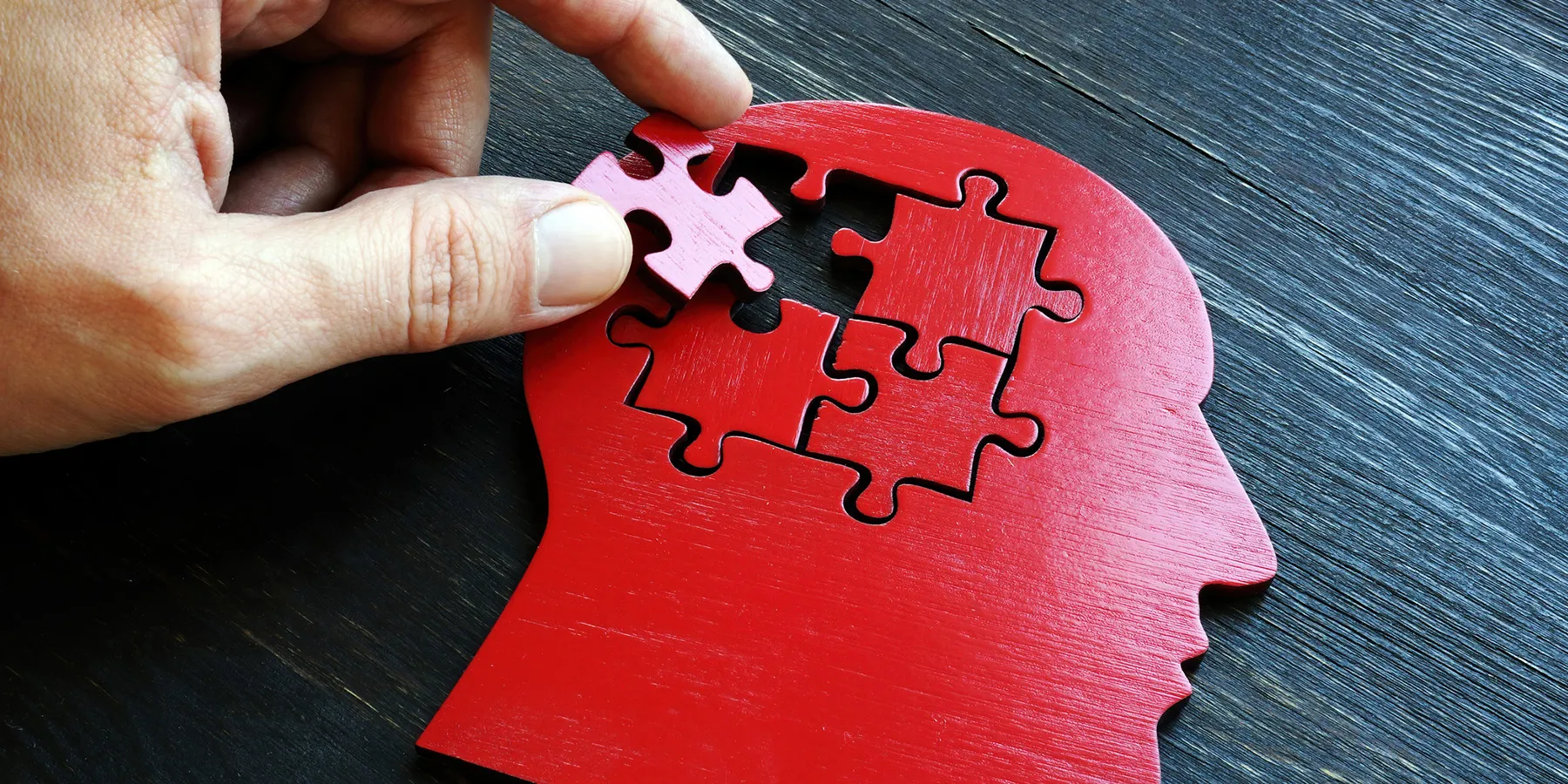 Photo of a human hand placing a puzzle piece into the red shape of the head
