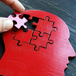 Photo of a human hand placing a puzzle piece into the red shape of the head