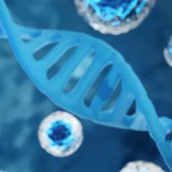 Illustration of the double helix structure of circulating tumor DNA against a blue background.