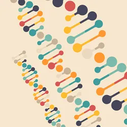 Illustration of colorful DNA helices representing genetic testing against a yellow background.