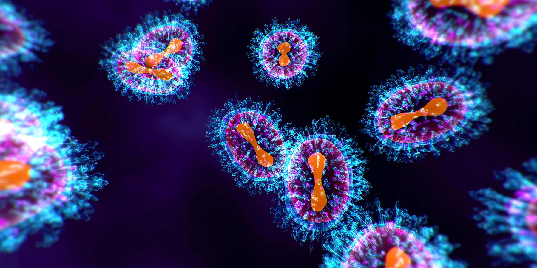 Illustration of blue and purple Nipah virus particles against a dark background.