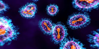 Illustration of blue and purple Nipah virus particles against a dark background.