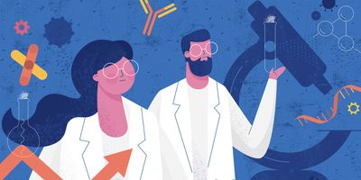 Illustration of clinical laboratory professionals wearing lab coats with DNA molecules in the background to represent Sanger sequencing