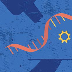 Illustration of clinical laboratory professionals wearing lab coats with DNA molecules in the background to represent Sanger sequencing