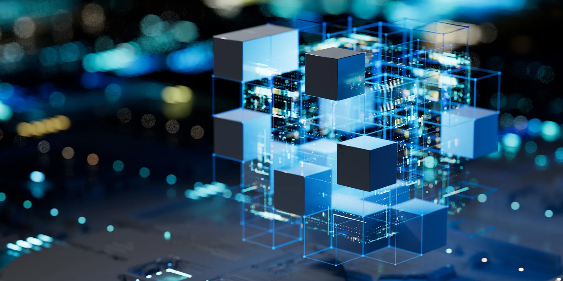 Illustration of digital data blocks stacked together in a network to represent artificial intelligence and data analysis.